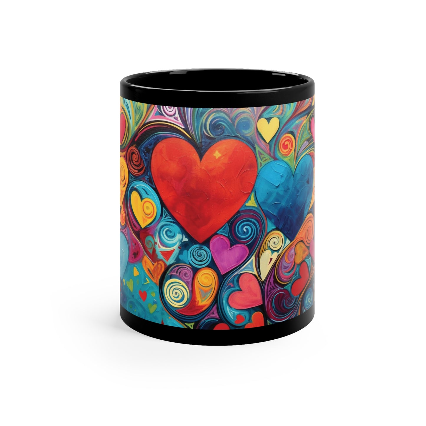 Coffee Mug Black 11oz Floating Hearts Design