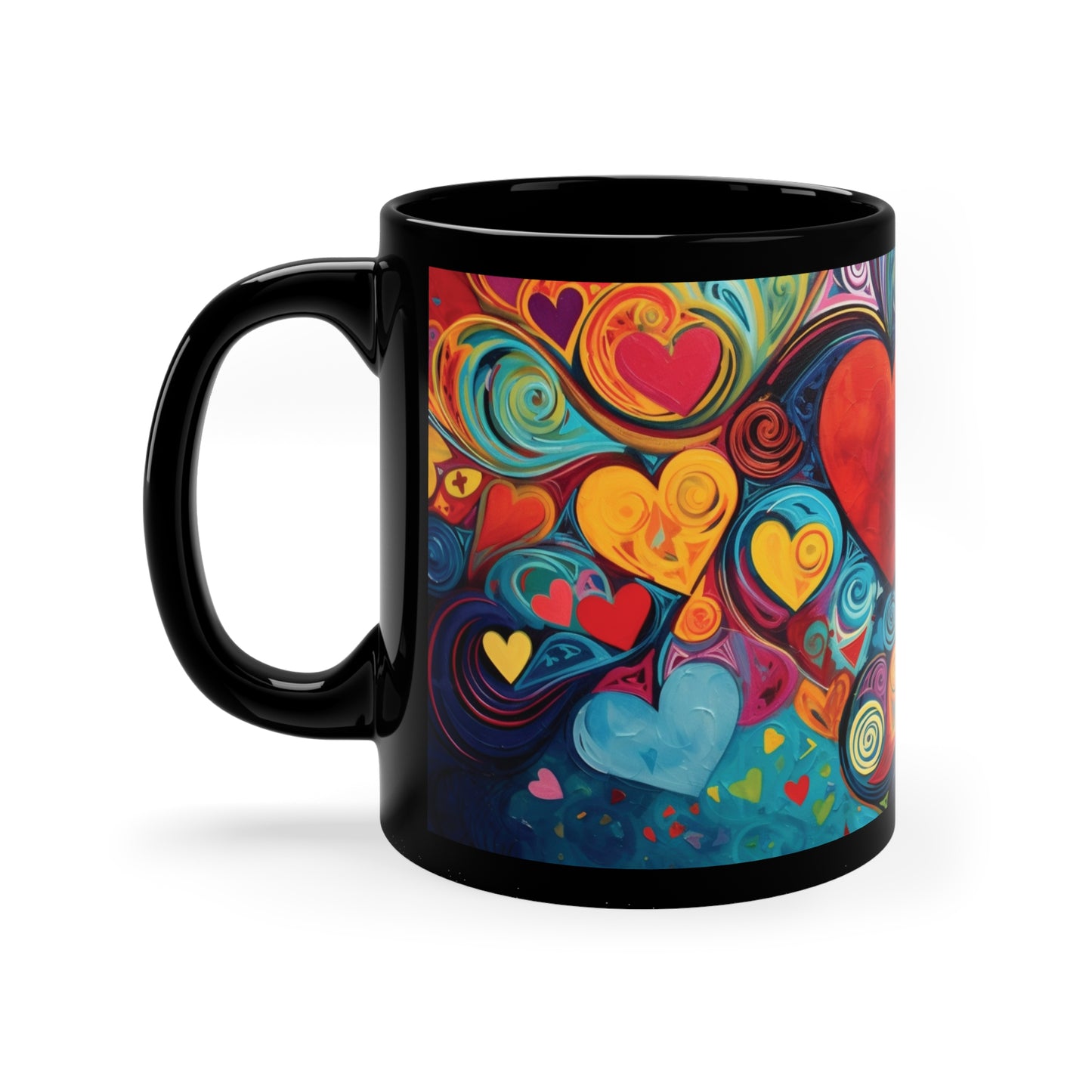 Coffee Mug Black 11oz Floating Hearts Design