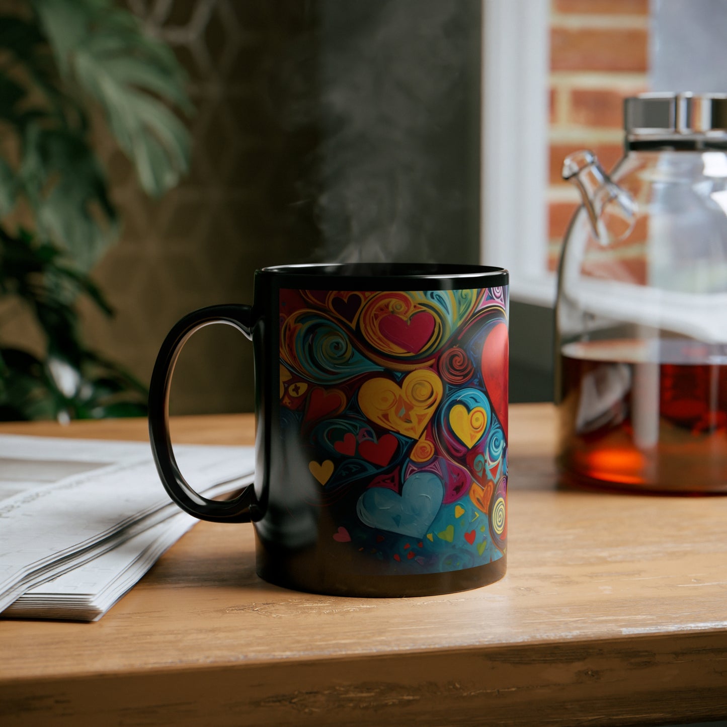 Coffee Mug Black 11oz Floating Hearts Design