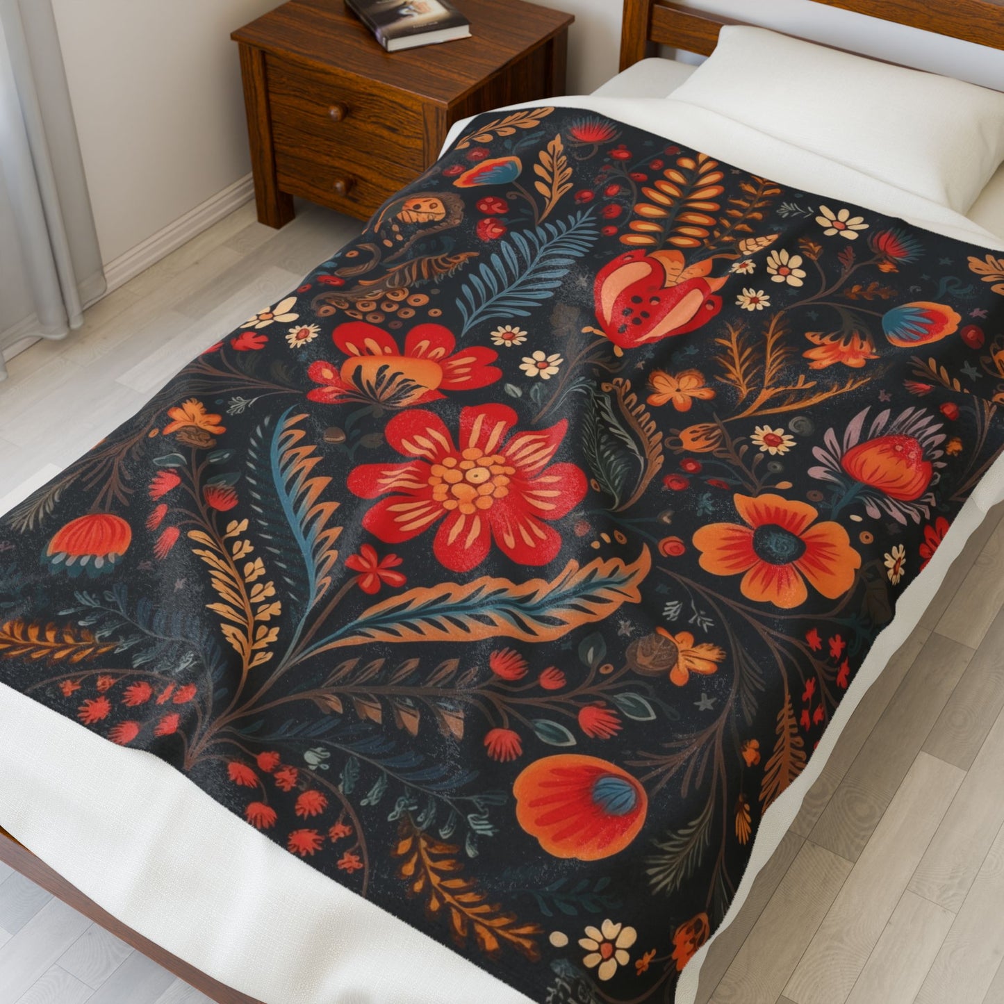 Velveteen Plush Blanket with Retro Polish Floral Design