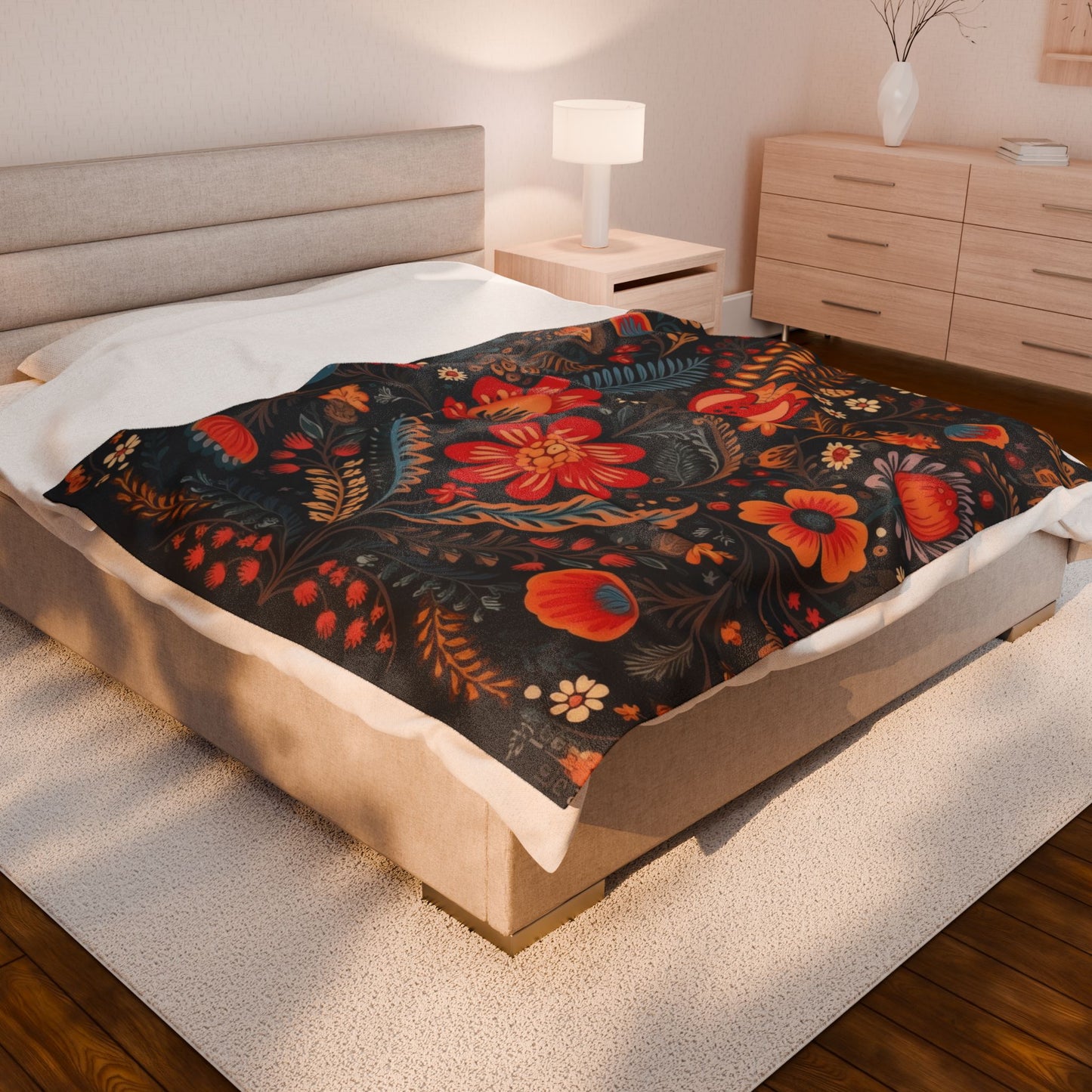 Velveteen Plush Blanket with Retro Polish Floral Design