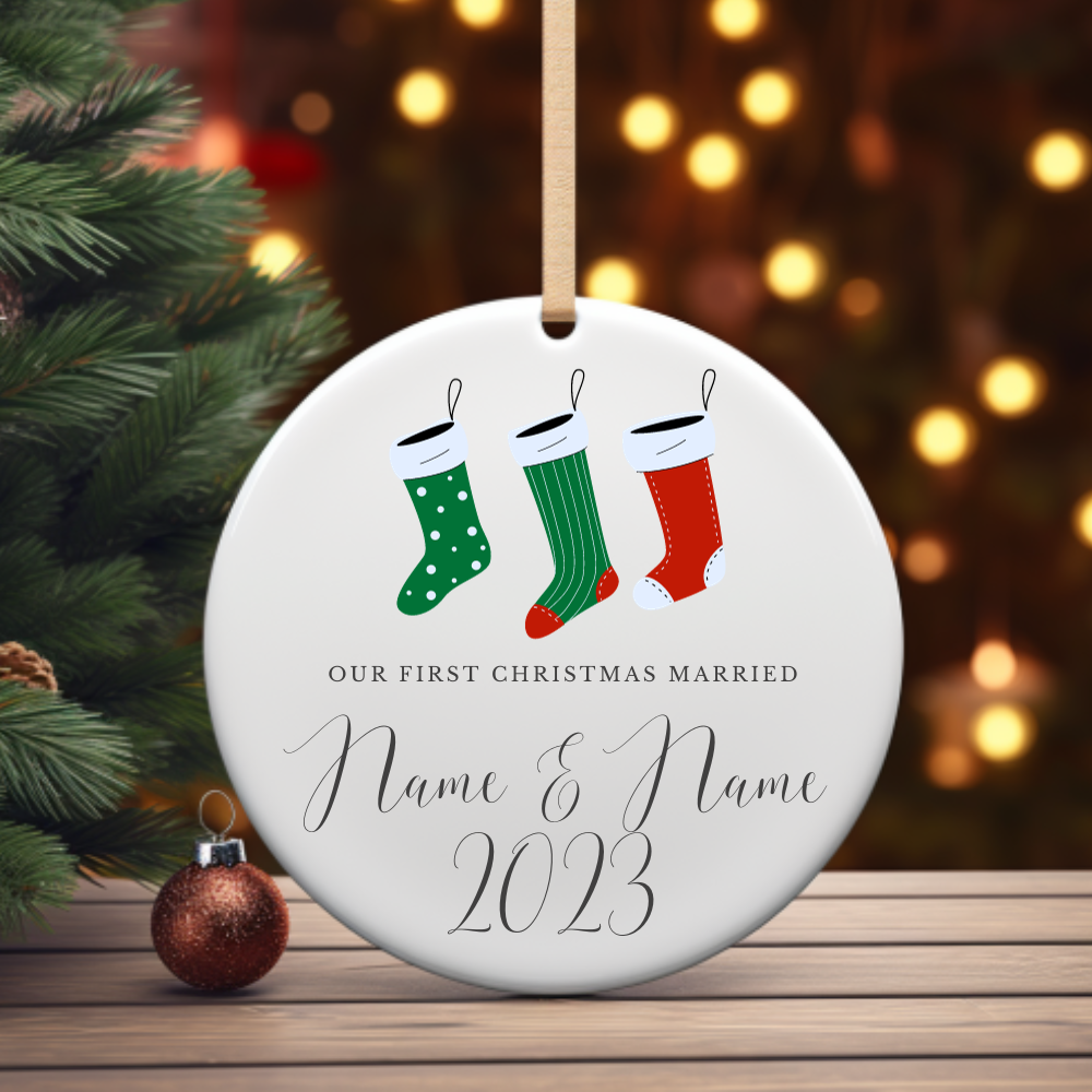 Our Fisrt Christmas Married Personalized Stocking Circle Ornament