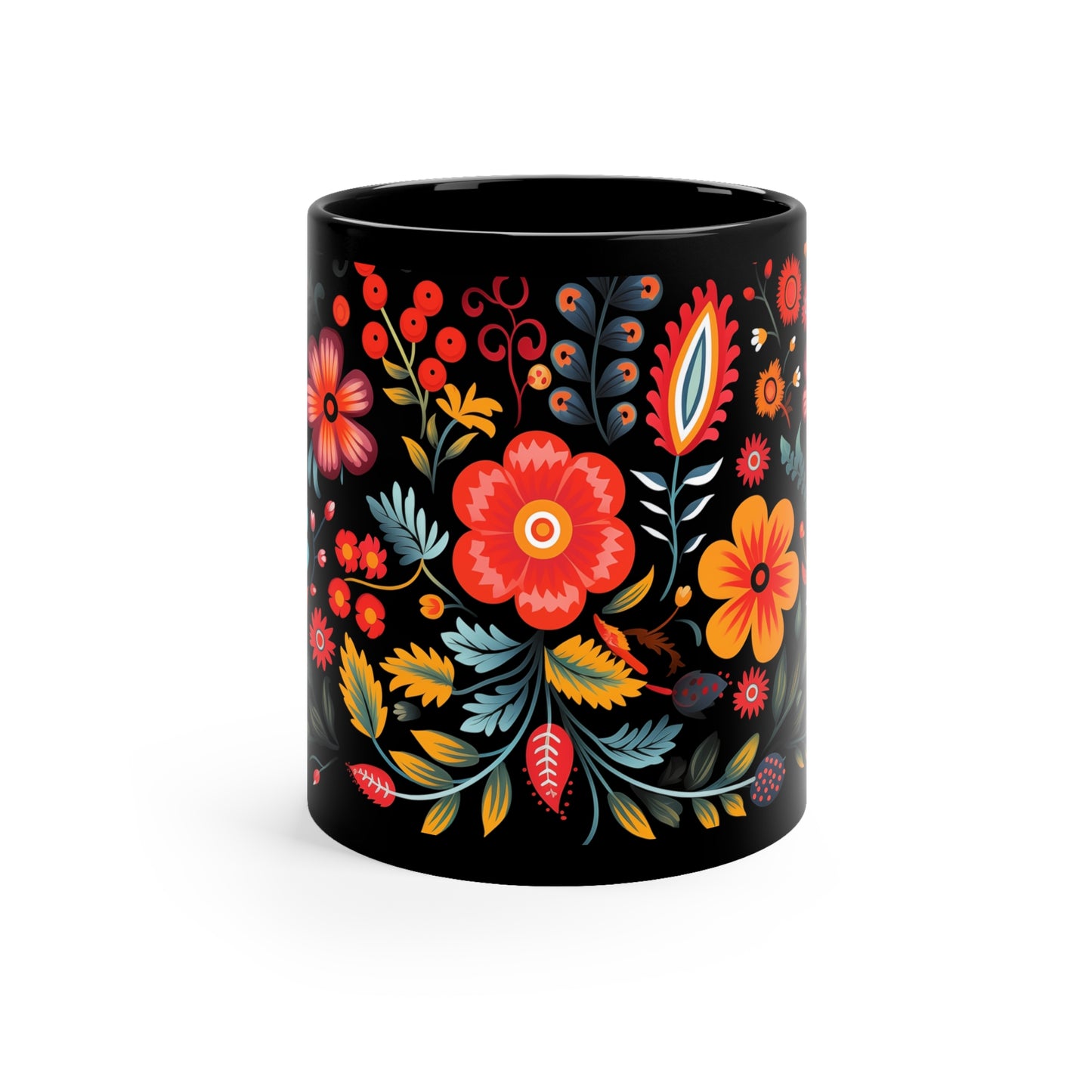 Coffee Mug 11 oz  Black Floral Design  Pattern 2