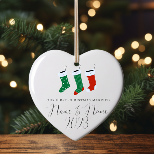 Our First Christmas Married Personalized Stocking  Heart Ornament