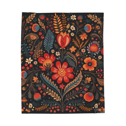 Velveteen Plush Blanket with Retro Polish Floral Design