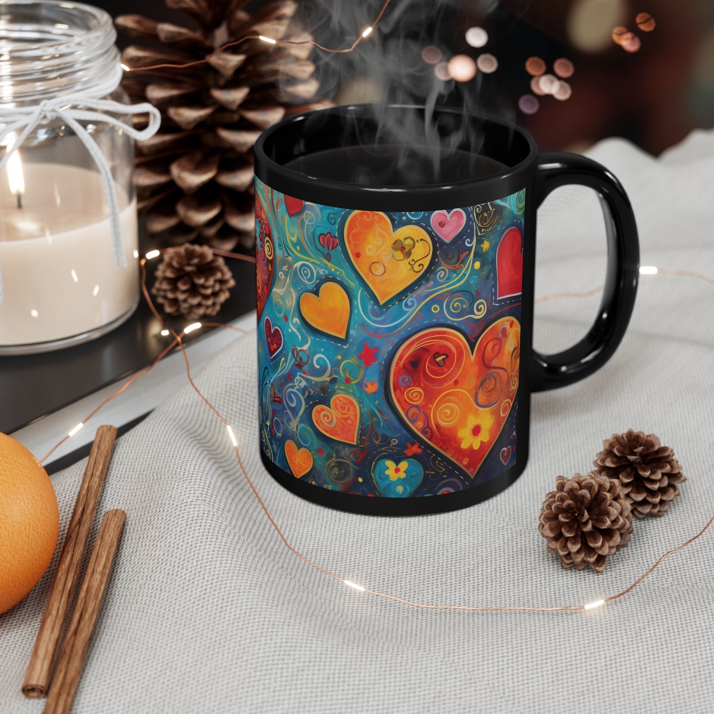 Coffee Mug Black 11oz Chasing Hearts Design