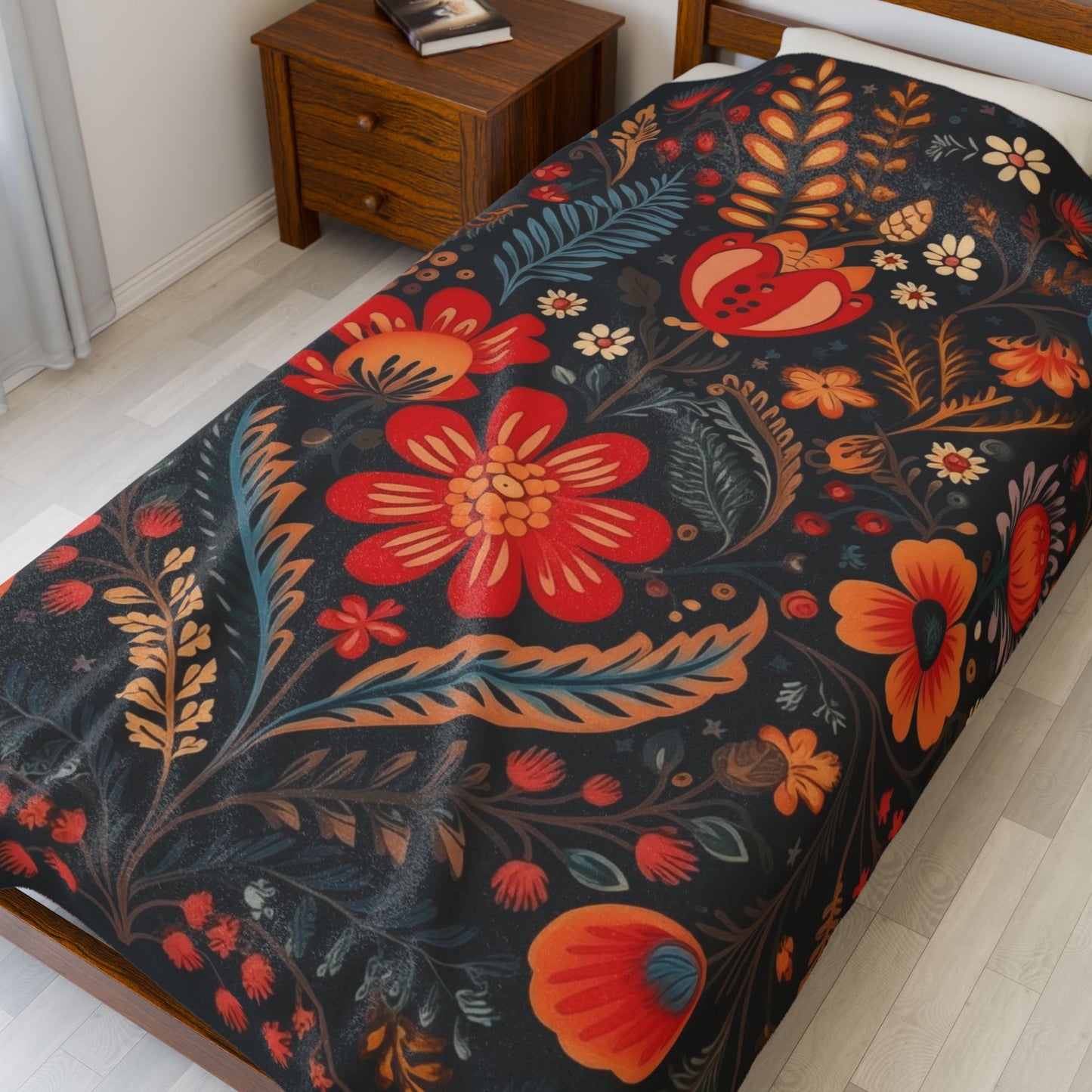 Velveteen Plush Blanket with Retro Polish Floral Design