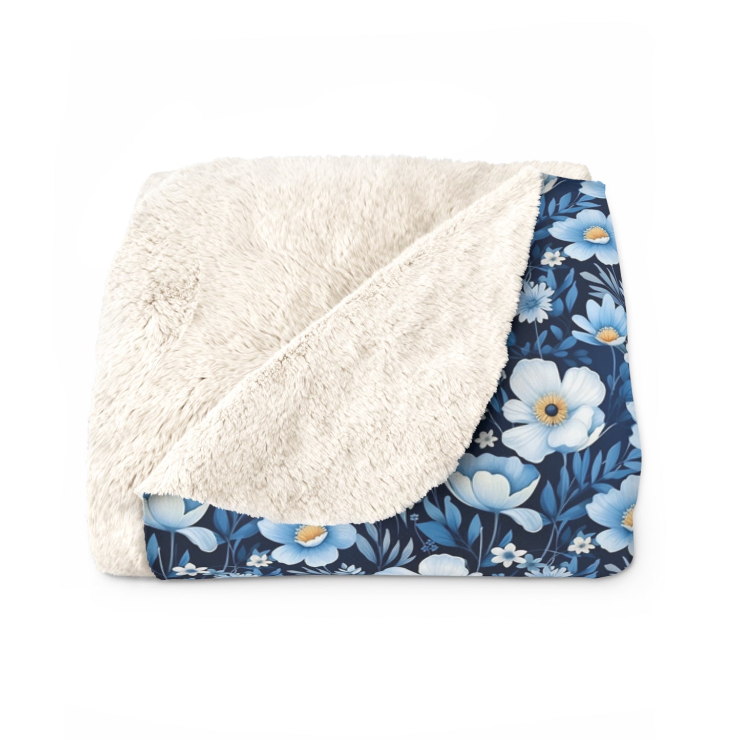 Sherpa Fleece Blanket - Blue and White Spring Floral Design