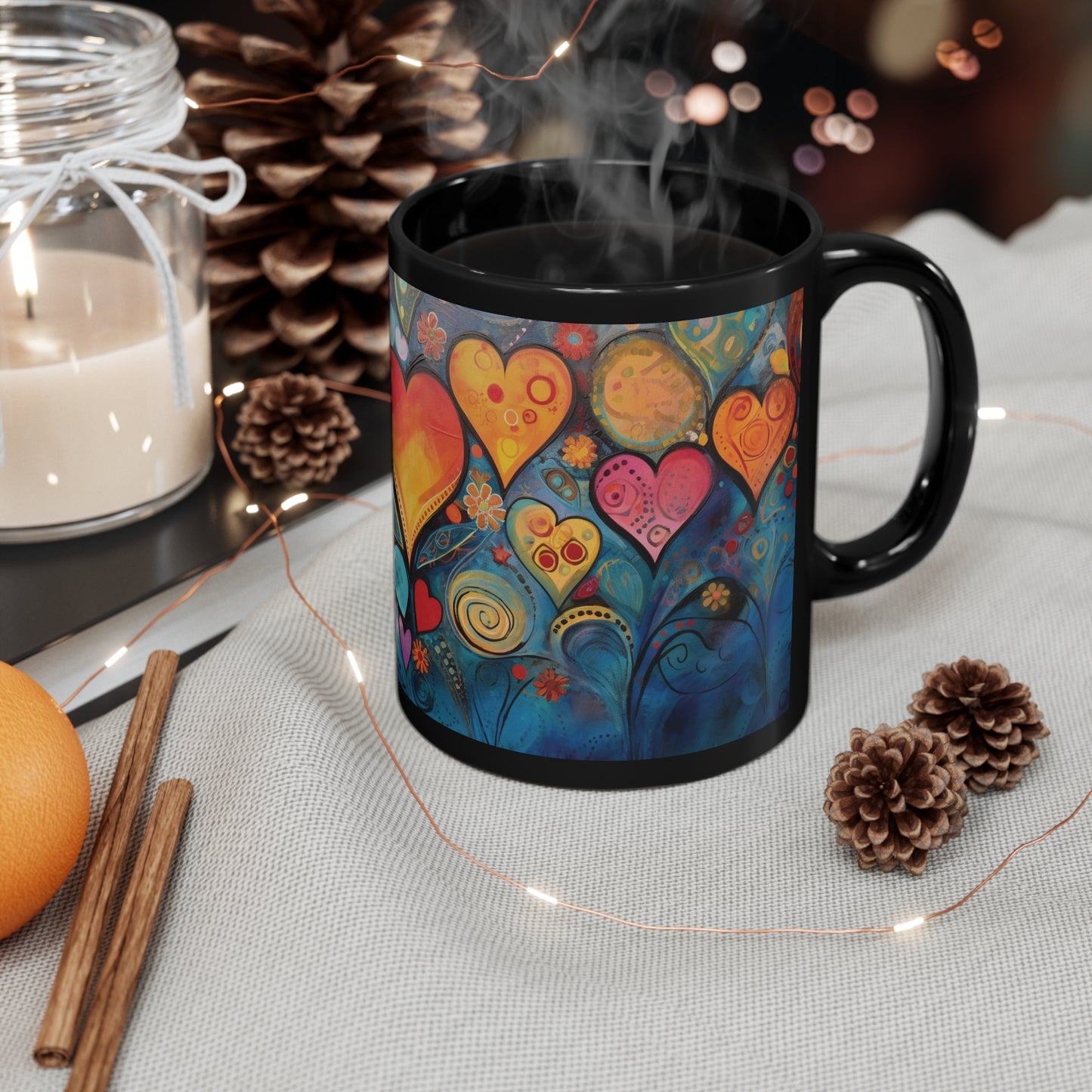 Coffee Mug Black 11oz  Many Hearts  Abstract  Design