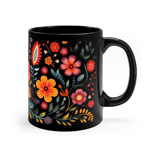 Coffee Mug 11 oz  Black Floral Design  Pattern 2