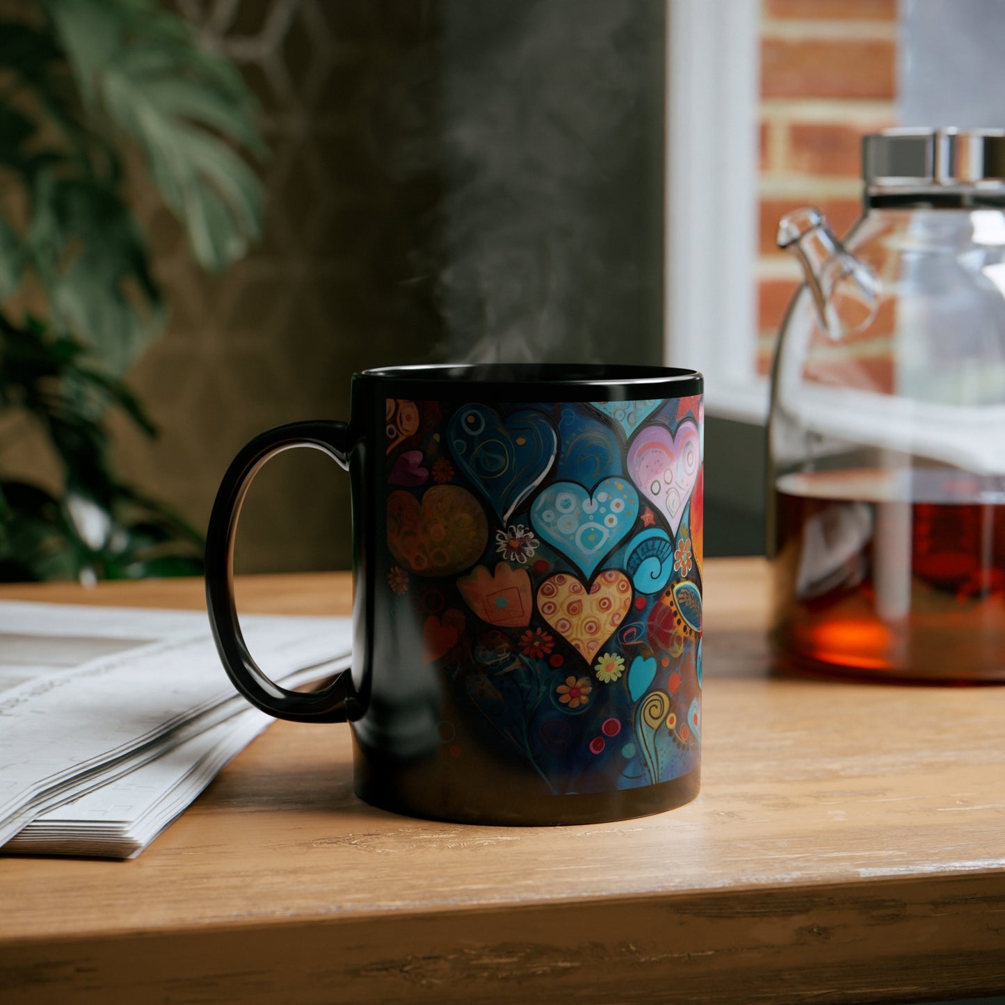 Coffee Mug Black 11oz  Many Hearts  Abstract  Design