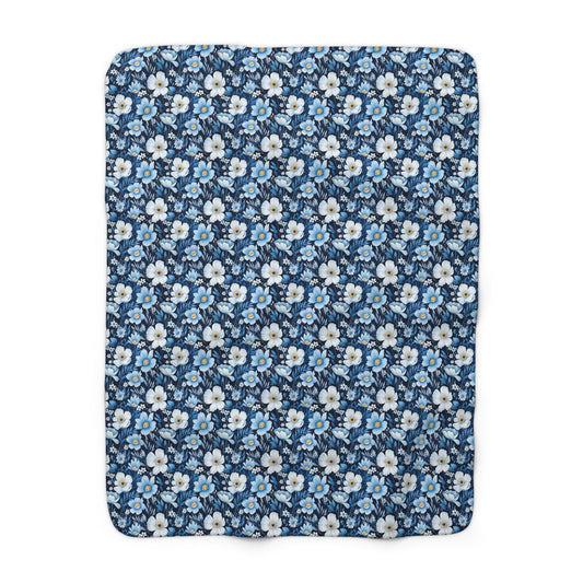 Sherpa Fleece Blanket - Blue and White Spring Floral Design