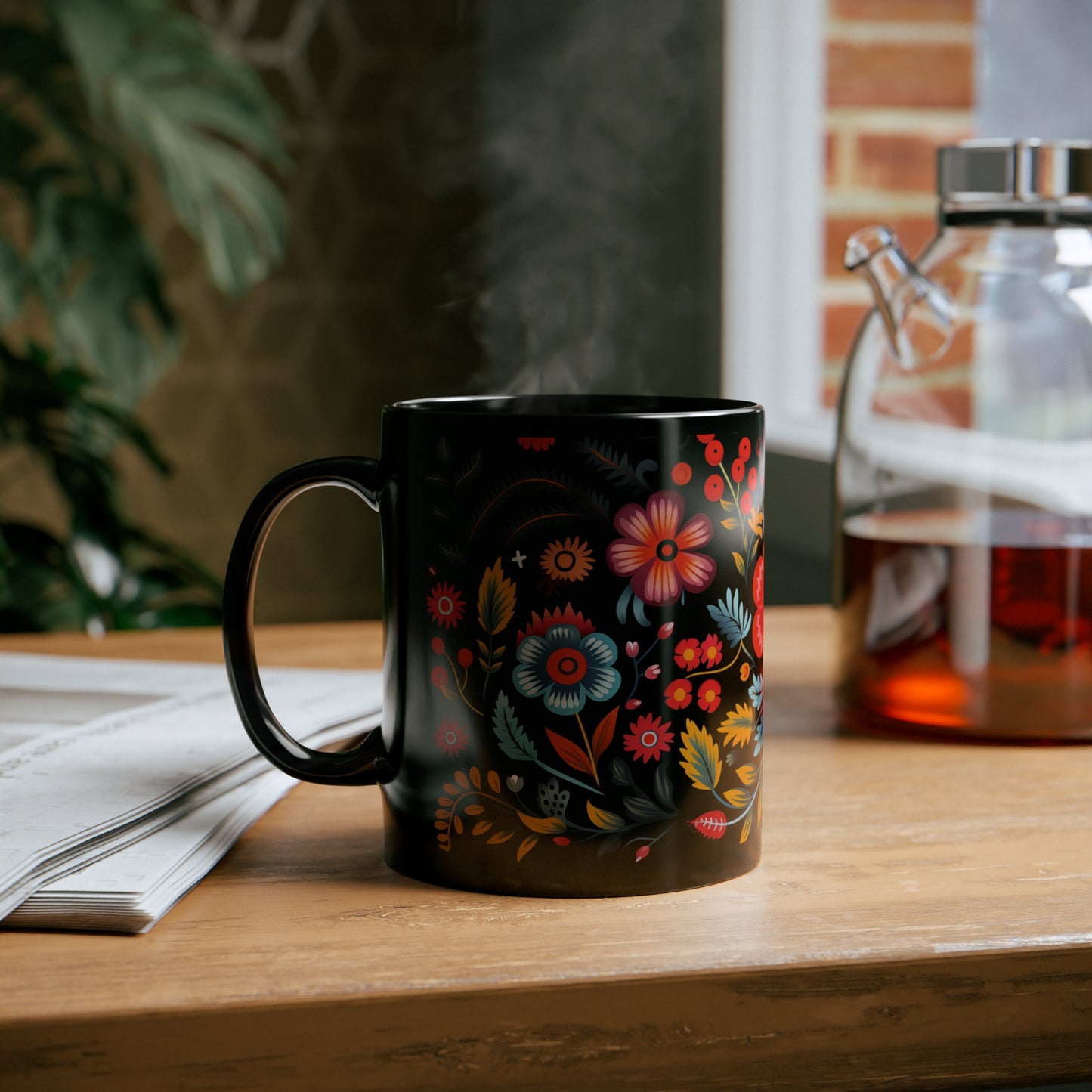 Coffee Mug 11 oz  Black Floral Design  Pattern 2