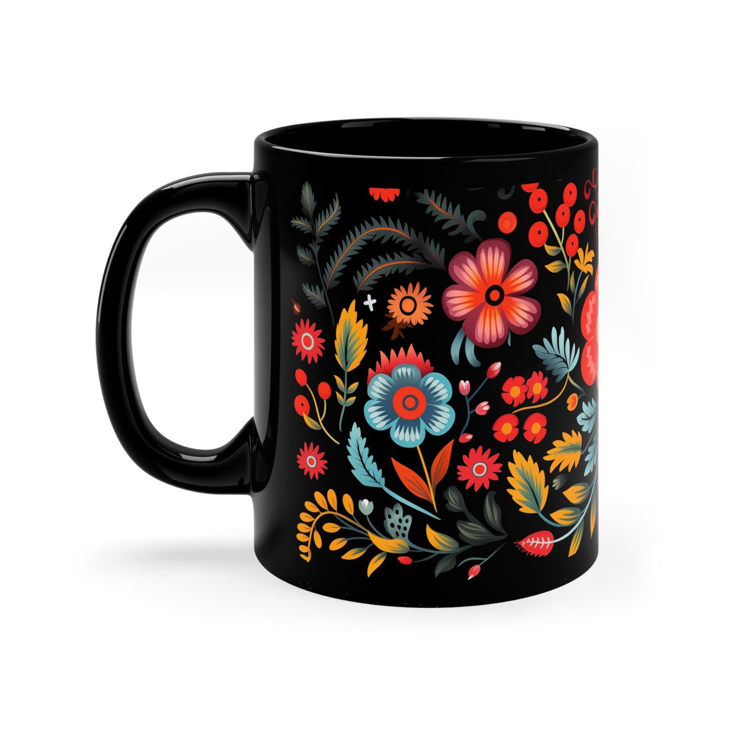 Coffee Mug 11 oz  Black Floral Design  Pattern 2