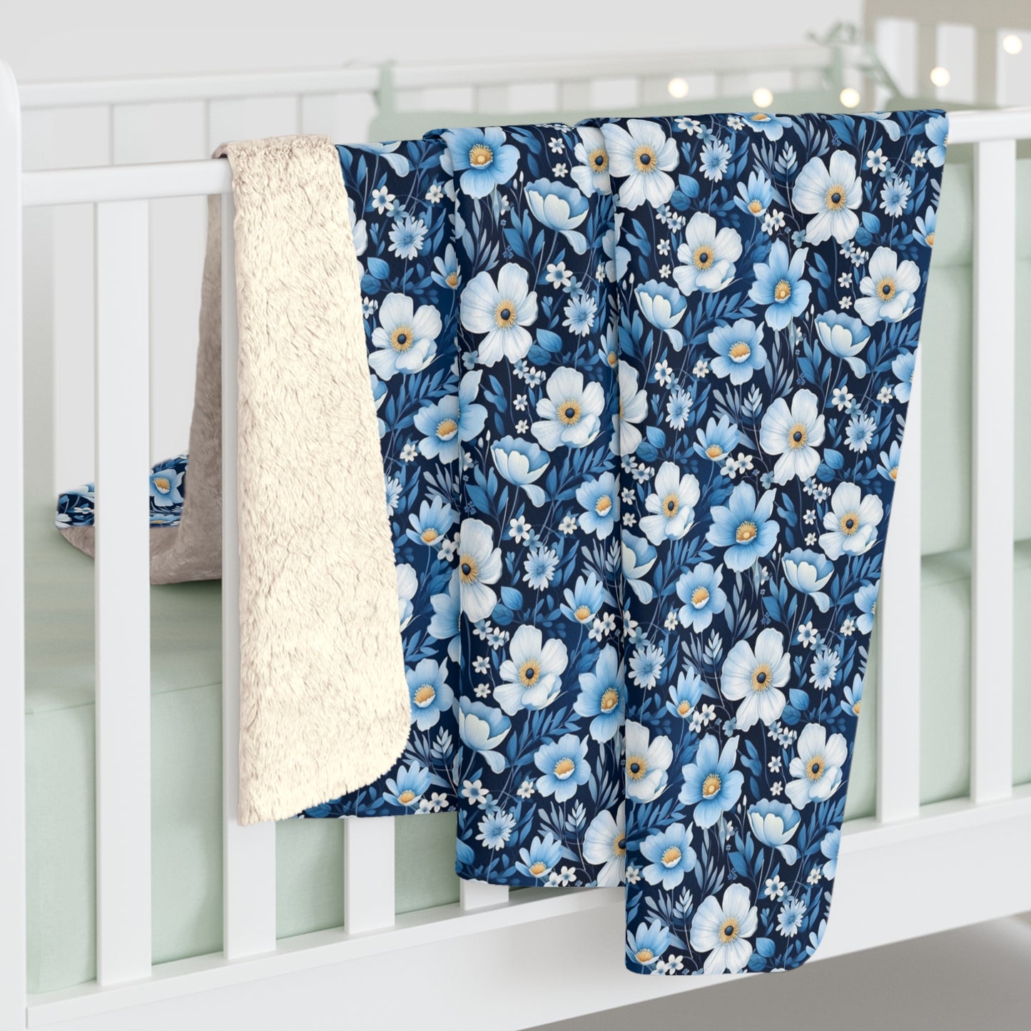 Sherpa Fleece Blanket - Blue and White Spring Floral Design