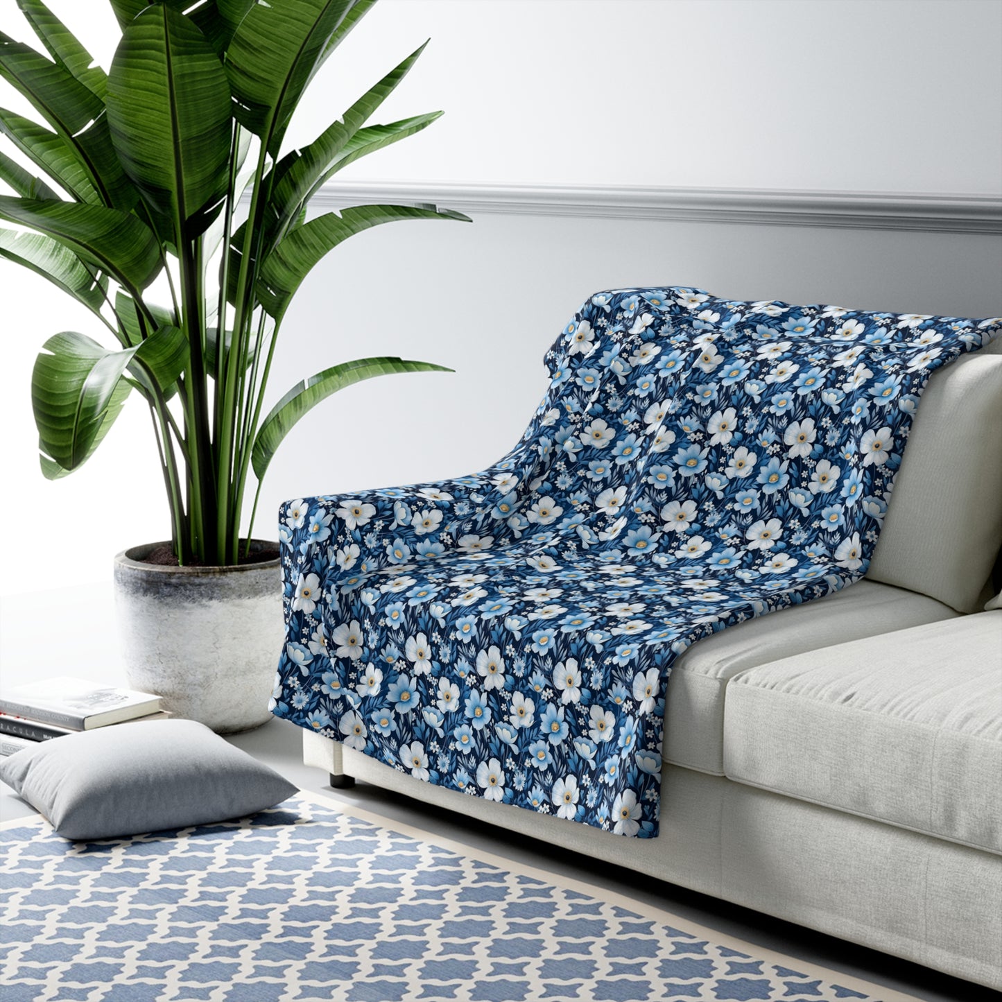 Sherpa Fleece Blanket - Blue and White Spring Floral Design